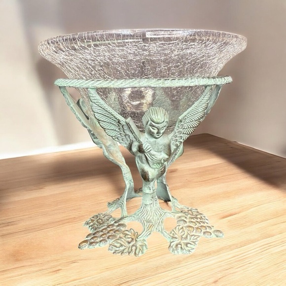 Source Unknown Other - VINTAGE CRACKLE GLASS CENTERPIECE BOWL WITH VERDIGRIS CHERUB BASE